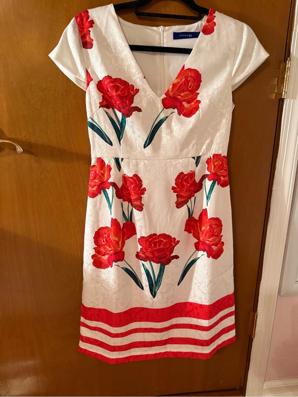 Super Cute Red Floral Blooms Print on White Midi Dress by Anonyme